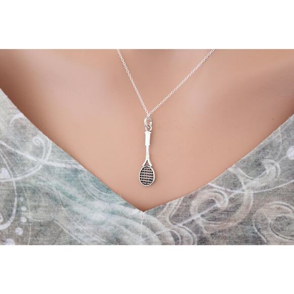Sterling Silver Tennis Racket Charm Necklace, Tennis Racket Pendant Necklace - Picture 2 of 2